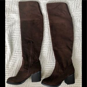 Thigh high brown suede boots